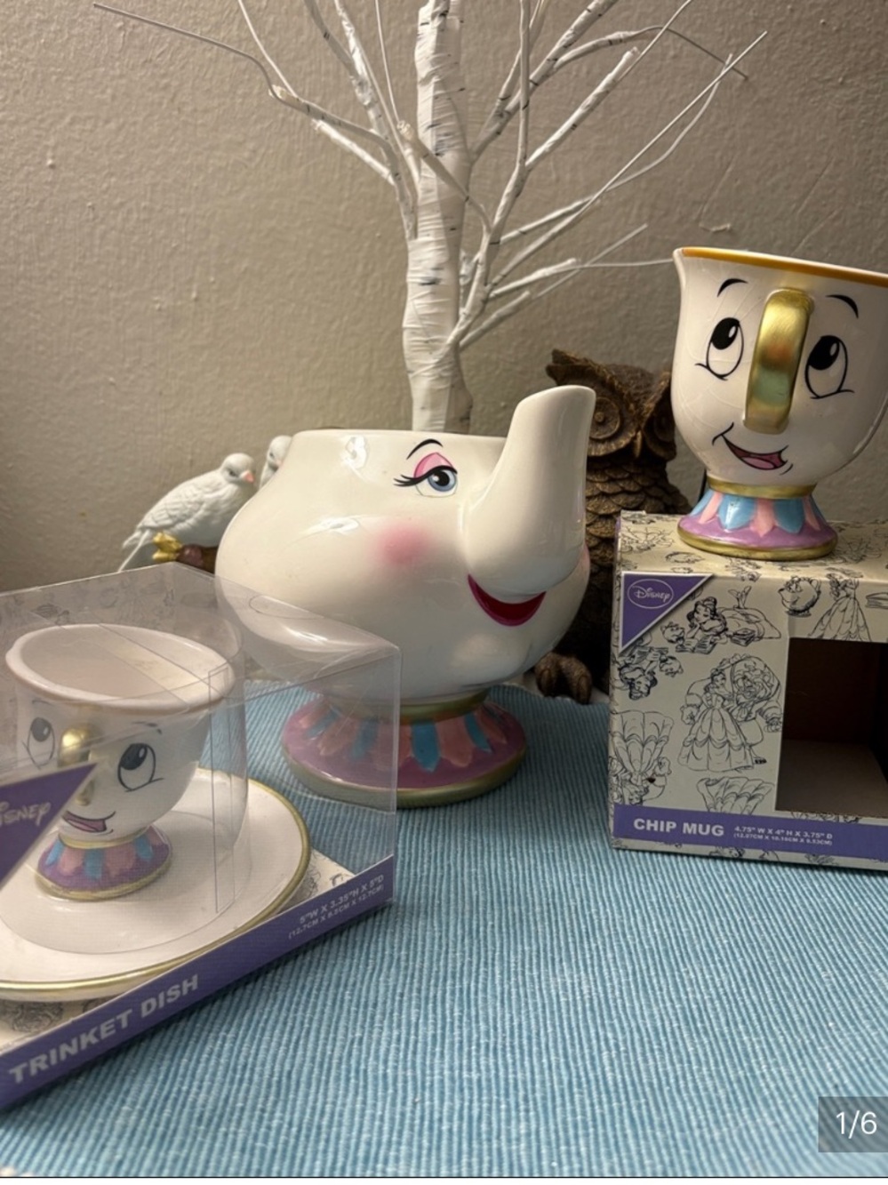 Disney Mrs. Potts and Chip Ceramic Tea Set - White, Pink, Gold, Blue